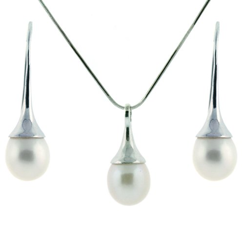 Pearl Necklace Earring Set Teardrop Style White Freshwater Gift Set Bucasi SALE