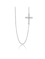 Sterling Silver 16 + 1" extension CZ Small Sideways Cross Necklace