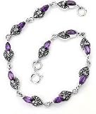 Genuine Marquise Amethyst and Marcasite Sterling Silver Link 7.25 Bracelet