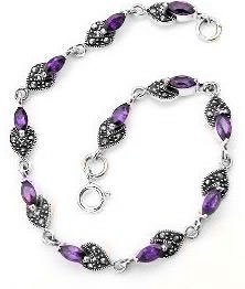 Genuine Marquise Amethyst and Marcasite Sterling Silver Link 7.25 Bracelet