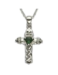 Sterling Silver Claddagh Cross with weaved pierced design and Centered Emerald Heart Celtic Jewelry Claddagh Necklaces Gift Boxed.w/Chain 18" Length Gift Boxed.