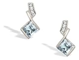 14K White Gold Genuine Square Aquamarine and Diamond Drop Earrings