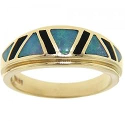 Australian Opal & Black Onyx Ring Band 14KT Yellow Gold