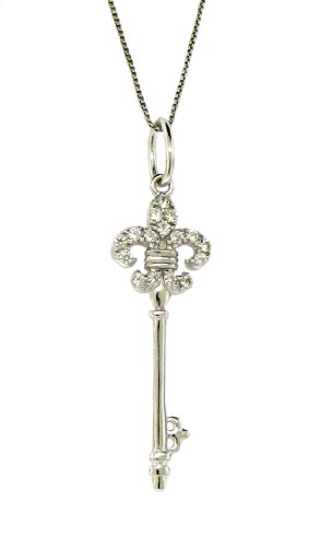 925 Sterling Silver Clear CZ Fleur De Lis Key Pendant Necklace