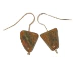 Unakite Earrings 02 Dangle Triangle Green Pink Natural Rock Crystal Healing Stone Silver Plated 1.4
