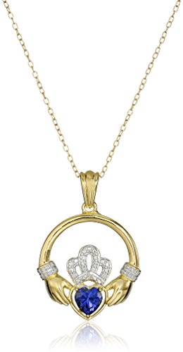 18k Yellow Gold and Rhodium Plated Sterling Silver Created Blue Sapphire Round Shaped Claddagh Pendant Necklace, 18