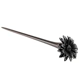 Hand Carved Sono Wood Hair Stick - Painted Leather Flower - Black - 7