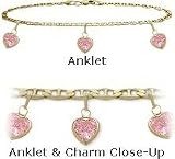 14 K Yellow Gold 10" Flat Gucci Style Created 3.00 tcw. Tourmaline Pink Stone Heart Charm Anklet