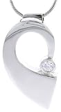 Sterling Silver High Polished Half Heart Slider Pendant, w/ 4mm CZ Stone, 1 3/16 (30mm) tall, w/ 18 Thin Snake Chain