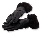 Giovanni Navarre Solid Leather Gloves Trimmed with Genuine Rabbit