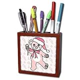 Janna Salak Designs Teddy Bears - Christmas Cute Dancing Pink Teddy Bear with Santa hat - Tile Pen Holders-5 inch tile pen holder