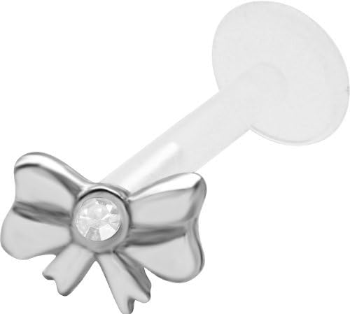 Tiny Bow Tragus Earring BioFlex Labret Stud-18g-16g-14g-Tiny Jeweled Bow Cartilage Earring-Push In Style-Various Lengths for Custom Fit-Valentines Day Gift for Her