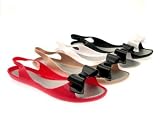 WOMENS JELLY FLIP BOW FLOP SANDALS FLEXIBLE PVC OPEN TOE PINK WHITE NUDE BLACK SIZES 3 - 8