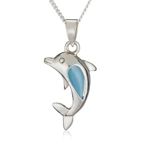 Silver Blue Cats Eye Dolphin Pendant + Curb Chain 46cm Adjustable
