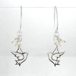 Cut Out Dove Dangle Earrings in Sterling Silver with Pearl Gemstone Beads, #8371
