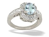 14K White Gold Genuine Oval Aquamarine and Diamond Ring