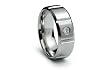Stainless Steel Ring Satin Grooved Center with CZ High Polish Band 8mm
