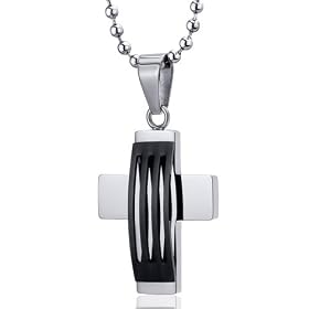 Stainless Steel Triple Stripe Black Enamel Finish Modern Cross Pendant Necklace for Men Free Shipping