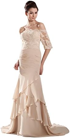 Vogue007 Womens Off-the-shoulder Chiffon Pongee Soft Mesh Formal Dress with Fold, Apricot, 12W