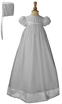 Hot Sale 31" White Organza Christening Baptism Gown Accented with Polyester Satin Ribbon and Bonnet, 03