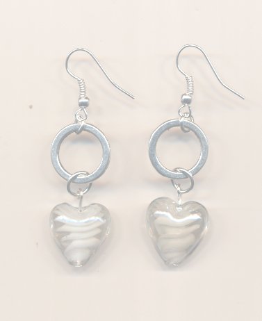 Boucles oreilles metal argenté - perles Lampwork blanc et cristal