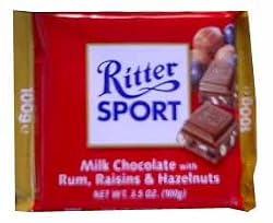 Ritter Sport Milk Chocolate with Rum, Raisins, and Hazelnuts 100g