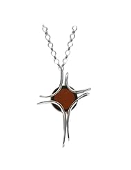 Sterling Silver Cherry Amber Small Modern Cross Pendant Necklace , 18"