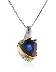 Sterling Silver with 14k Vermeil Created Ceylon Sapphire and Diamond Pendant Necklace, 18"