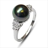 Size 5 18K white gold Princess Black Tahitian south sea cultured pearl and diamond ring