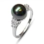 Size 6 18K white gold Princess Black Tahitian south sea cultured pearl and diamond ring