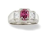 14K White Gold Genuine Oval Pink Tourmaline and Diamond Men's Ring