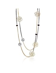 Alexander James 14k Gold and Black Rhodium Bonded 30 Inch Rose Inspired Necklace with Several Chains and Round Cut Black Cubic Zirconia Accents in a Black and Gold Tone 30 inch L x 32.3 (mm) W x 1.3 (mm) H