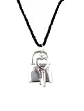 Necklace - N443 - Heart Key and Lock - Silver Tone Metal - hung on Triple Strand Twisted Black Satin / Silk Cord (21