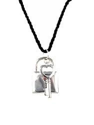 Necklace - N443 - Heart Key and Lock - Silver Tone Metal - hung on Triple Strand Twisted Black Satin / Silk Cord (21") + 2" Extension Chain