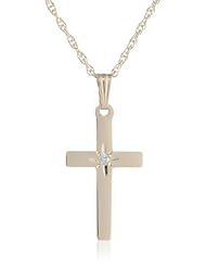 14k Yellow Gold Solid Polished Cross with Genuine Diamond Pendant Necklace, 18"