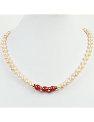 Topearl Sterling Silver Pink Cultured Pearls Red Jade Necklace