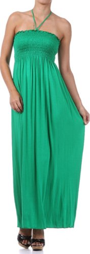 Comfortable Jersey Feel Solid Color Smocked Bodice String Halter Maxi / Long Dress