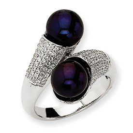 14k White Gold Diamond Cultured Black Pearl Ring - Size 6 by JewelryWeb