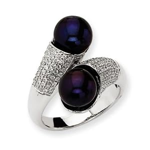 14k White Gold Diamond Cultured Black Pearl Ring - Size 6 by
