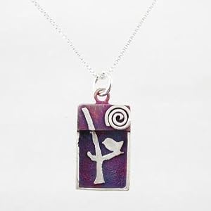 Rectangular Bird in Tree with Spiral Sun Pendant in Sterling Silver with Patina Finish on an 18" Box Chain, #9122