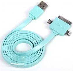Iwaii - USAMS USB to 30-Pin/Lightning 8-Pin/ Micro 5-Pin Data Sync/Charger Noodle Cable for iPhone 5/4/4S, Samsung, etc - 1M Length (Cyan)