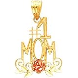 14K Two Tone Gold #1 Mom Rose Flower Pendant Jewelry