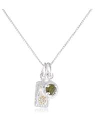Two-Tone Sterling Silver with Yellow Gold Flashed Plating Olivine Colored Cubic Zirconia and Heart Charm with Clear Cubic Zirconia Necklace, 18"