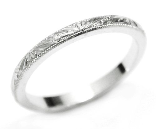 Hand Engraved Platinum Wedding Band or Stack Ring, Ring Size 4.75