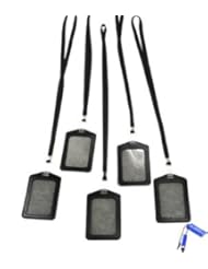 Bluecell Pack of 5 Black Color Faux Leather Business ID Badge Card Holder with Long Neck Strap Band Lanyard