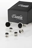 Cufflinks and Studs - Black Circular Onyx with Feather Cut Edge