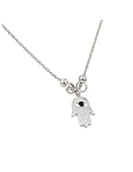 Rhodium Plated 925 Sterling Silver Hamsa with Single Black Cubic Zirconia CZ Charm Pendant Necklace with 18" inch Link Chain