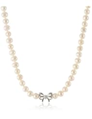 Sterling Silver Bow Diamond and Freshwater Cultured Pearl Necklace, 17"