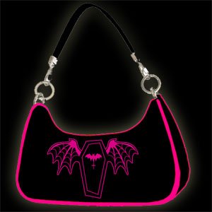 Buy Black Vinyl “Winged Coffin” Purse with Fuscia Piping
