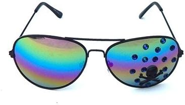 Barracuda Rainbow Aviators Sunglass, Black Metal Frame, Rainbow Mirror Lens, Flat Black Skull Bones Charm, 5.5 Inches X 2 Inches, Proudly Made in the USA